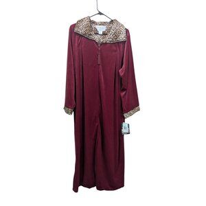 vtg Cinema Etoile Burgundy Velour Robe  Leopard Print Collar Cuffs Size L NOS